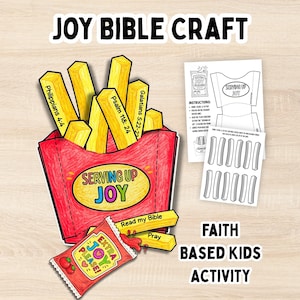 Puede incluir: Una colorida actividad infantil basada en la fe, con un recipiente rojo para papas fritas y papas fritas amarillas etiquetadas con versículos bíblicos. Incluye un paquete de ketchup que dice "Extra Joy Please!" y el texto "Joy Bible Craft".