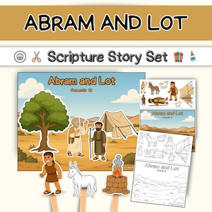 Puede incluir: Un conjunto de historias de las Escrituras titulado "Abram y Lot" con ilustraciones de personajes bíblicos, una tienda de campaña y un altar en llamas. El conjunto incluye figuras recortables y páginas para colorear.