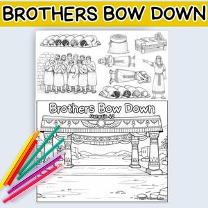 May include: Black and white illustration of a Bible story with the text "Brothers Bow Down." The image includes depictions of people bowing, a figure pointing, and a detailed architectural scene. A bundle of colored pencils rests in the corner.