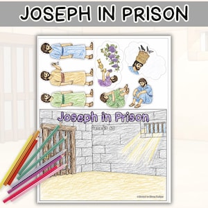 May include: A colorful illustration titled "Joseph in Prison" with various scenes from the biblical story. The image includes figures in different poses, grapes, and a prison setting. Colored pencils are arranged in the lower left corner.