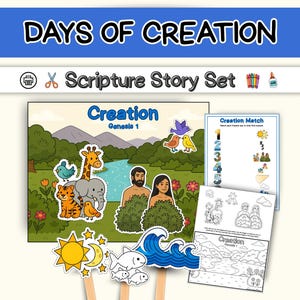 Creación: Imágenes, hojas de trabajo, tarjetas didácticas y manualidades de la historia bíblica de Génesis 1