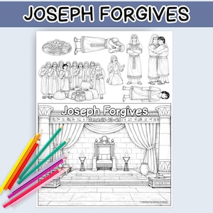 Puede incluir: Página para colorear en blanco y negro titulada "José Perdona" con ilustraciones de escenas bíblicas. Incluye un juego de lápices de colores en varios colores, incluyendo amarillo, naranja, verde y rosa.