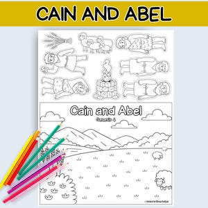 May include: A coloring book page with the text "Cain and Abel" at the top and in the center. The page features illustrations of characters, sheep, a fire, and a landscape. A bundle of colored pencils in various colors is in the lower left corner.