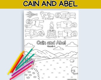 May include: A coloring book page with the text "Cain and Abel" at the top and in the center. The page features illustrations of characters, sheep, a fire, and a landscape. A bundle of colored pencils in various colors is in the lower left corner.