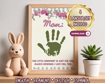 Handavtryckspyssel för mors dag | Minnesgåva till mamma och mormor | Utskrivbar present på flera språk (engelska, franska, tyska, spanska)
