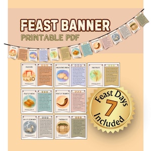 Może przedstawiać: Drukowany plik PDF "Feast Banner" z kolorowymi ilustracjami i tekstem. Baner zawiera karty na Paschę, Przaśny Chleb, Pierwociny, Święto Tygodni, Święto Trąb, Dzień Pojednania i Namioty. Złota pieczęć głosi "Feast Days 7 Included."