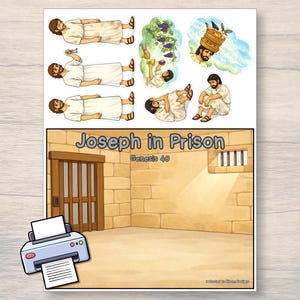 Könnte beinhalten: Ein gedrucktes Bild mit dem Titel "Joseph im Gefängnis" mit Bildern von Josef und anderen Figuren. Die Szene zeigt eine Gefängniszelle mit einem vergitterten Fenster und einer Holztür. Der Text "Genesis 40" ist ebenfalls vorhanden.