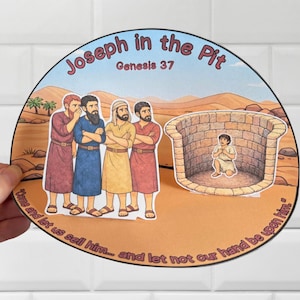 May include: A circular paper craft depicting the biblical scene Joseph in the Pit, Genesis 37. It features four figures in robes standing near a stone pit containing a seated figure. The text reads Joseph in the Pit, Genesis 37 and Come and let us sell him... and let not our hand be upon him.