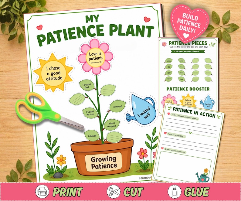 Patience activity for kids printable craft Growing Patience Plant Bible lesson cut and paste worksheet
