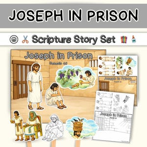 Puede incluir: Un colorido "Scripture Story Set" con ilustraciones de José en la cárcel. El conjunto incluye varias escenas y personajes de la historia bíblica, con el título "Joseph in Prison". El conjunto incluye páginas para colorear y figuras recortables.