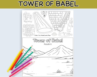 May include: A black and white coloring page titled "Tower of Babel" with illustrations of people, a tower, and a landscape. The text "Color, Cut, Retell, and Glue" is included. A set of colored pencils in various colors are in the lower left corner.