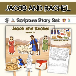 Puede incluir: Un conjunto de historias bíblicas "Jacob y Raquel" con ilustraciones de personajes y escenas bíblicas. El conjunto incluye una escena principal con figuras, ovejas y un pozo, además de escenas adicionales y un calendario.