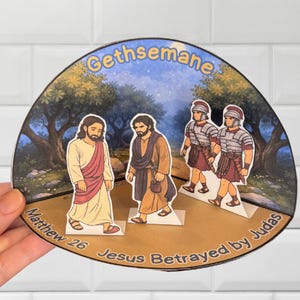 Puede incluir: Una manualidad de papel que representa la escena de Getsemaní, con figuras de Jesús, Judas y soldados romanos. El fondo muestra un camino a través de un bosque bajo un cielo estrellado. Texto: "Getsemaní" y "Mateo 26 Jesús traicionado por Judas."