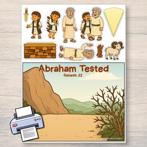 May include: A colorful illustration titled "Abraham Tested Genesis 22" features cartoon figures, a ram, and a landscape. The image includes a printer graphic and various cut-out figures of biblical characters and objects. The scene depicts a religious story.
