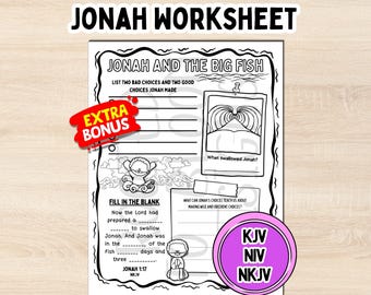 Jonah & the Big Fish Bible Printable Worksheet Christian Kids Activity Jonah Bible Lesson Faith Based Homeschool Coloring Page Free Gift PDF