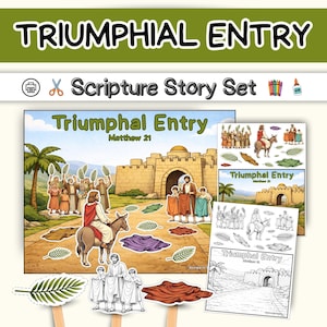 May include: A Scripture Story Set titled "Triumphal Entry" with illustrations of a biblical scene. The set includes a main image, smaller illustrations, and cut-out figures. The main image depicts Jesus riding a donkey, with people waving palm branches.