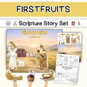 Könnte beinhalten: Ein farbenfrohes "Schriftrollen-Geschichten-Set" mit Illustrationen biblischer Szenen. Das Set enthält Bilder von Menschen, einem Lamm und verschiedenen Lebensmitteln. Der Text "Firstfruits Leviticus 23" ist sichtbar.