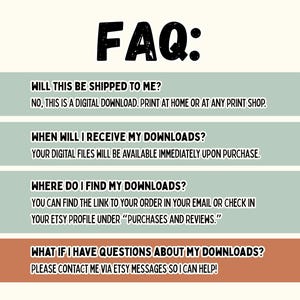May include: A digital download FAQ graphic with the word "FAQ" in bold black letters. The graphic includes answers to common questions about digital downloads, such as shipping, download access, and support.