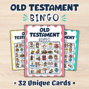Może przedstawiać: Zestaw kart do gry w bingo ze Starym Testamentem, zawierający kolorowe ilustracje historii i postaci biblijnych. Środkowa karta ma różową, falistą ramkę, a pozostałe mają żółte i turkusowe obwódki. Tekst na kartach: Old Testament Bingo.