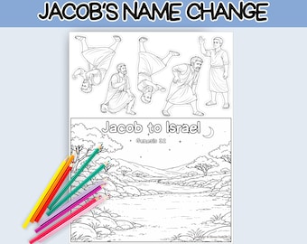 May include: A black and white coloring book page with the text "Jacob's Name Change" at the top. The page features illustrations of figures and a landscape scene, with colored pencils in the lower left corner.