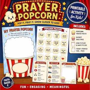 May include: A colorful printable activity for kids called "Prayer Popcorn." The design features a popcorn bucket, prayer prompts, and instructions. The text includes "Pop It. Pray It. Grow Closer to God!" and "Printable Activity for Kids!"