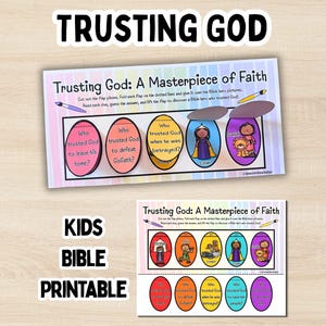 Może przedstawiać: Arkusz edukacyjny do druku zatytułowany Trusting God: A Masterpiece of Faith. Zawiera kolorowe owalne klapki z pytaniami o postacie biblijne, w tym Esterę i Daniela, oraz ilustracje pędzli i pastelowe paski w tle.