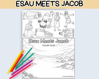 May include: A black and white coloring page titled "Esau Meets Jacob" with illustrations of biblical scenes, including figures, animals, and landscapes. A bundle of colored pencils in various colors lies in the lower left corner.