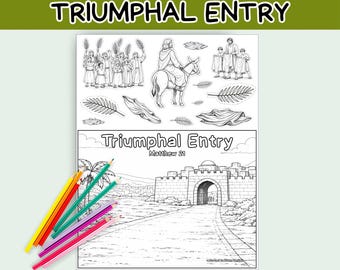 May include: A coloring book page with the text "Triumphal Entry" and illustrations of Jesus riding a donkey, people with palm branches, and a city gate. Colored pencils in various colors are in the lower left corner.