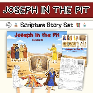 以下が含まれることがあります： 「ヨセフの井戸」と題された、カラフルな聖書物語セット。イラストシーン、キャラクターの切り抜き、テキスト「ヨセフの井戸」と「創世記37章」が含まれています。アートワークは、様々な色のローブを着た人物が登場する聖書のシーンを描いています。