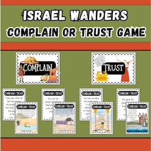 Puede incluir: Un colorido juego educativo titulado "Israel deambula: Juego de quejas o confianza". El juego presenta ilustraciones y texto, con las palabras "Quejarse" y "Confianza" en un lugar destacado. El juego está diseñado con fines educativos.