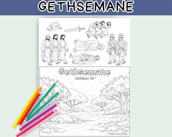 Könnte beinhalten: Eine Malbuchseite mit dem Wort "Gethsemane" oben und in der Mitte. Die Seite zeigt Illustrationen biblischer Szenen und eine Landschaft. Ein Bündel Buntstifte in verschiedenen Farben befindet sich in der unteren linken Ecke.
