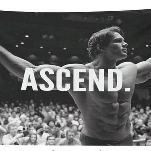 May include: Black and white tapestry featuring a bodybuilder with arms raised, and the word "ASCEND" in large white letters. The background shows a crowd of people. The image is a motivational piece.