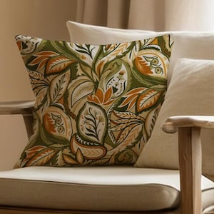 Botanical Leaf Pillow Cover, Green Orange Floral Print, Cotton Linen