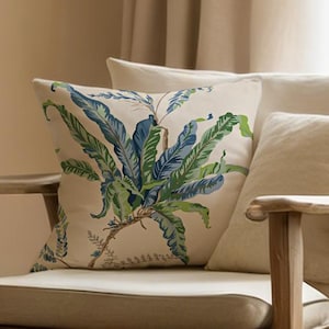 Botanical Fern Lumbar Pillow Cover, Green & Blue Leaf Print, Cottagecore Decor