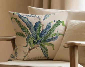 Botanical Fern Lumbar Pillow Cover, Green & Blue Leaf Print, Cottagecore Decor