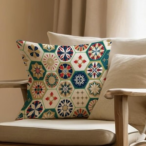 Geometric Rosette Throw Pillow Cover, Patchwork Tiles, Folk Decor