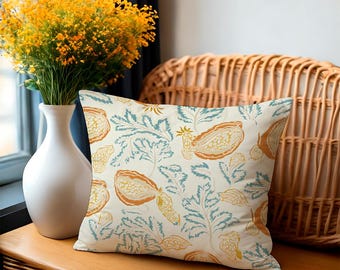 Botanical Lumbar Pillow Cover, Blue Green Orange Leaf Print, Cotton Linen
