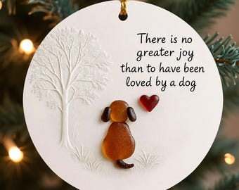 Adorno navideño de cerámica conmemorativo para perro, frase "No hay mayor alegría", regalo para la pérdida de una mascota, decoración navideña con forma de corazón y cachorro.