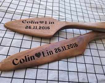 Juego de cuchillos para pastel personalizados de madera de nogal