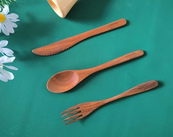Personalized Teak Wood Cutlery Set-Engraved Text and Logos