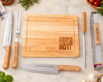 Personalised BBQ Tool Set with Engraved Carry Case:  Wooden Cutting Board, Knives & Grill Gift