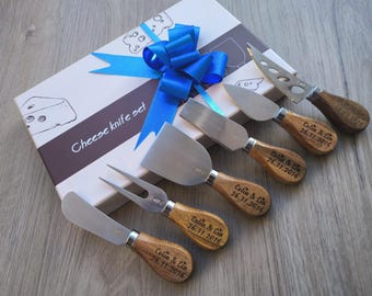 Personalized Cheese Knife Set: Engraved Wood Handle Stainless Steel Tools, Gift Box.