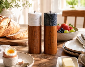 Personalised Acacia Wood and Natural Marble Salt & Pepper Grinder Set