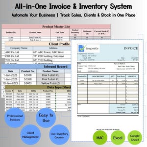 May include: A digital invoice and inventory system interface with product lists, client profiles, and data input sheets. The interface includes an invoice, and options for MAC, Excel, and Google Sheet compatibility. Text includes "All-in-One Invoice & Inventory System."