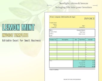 Plantilla de factura de menta y limón / Factura automatizada en Excel y Hojas de cálculo de Google / Archivo digital de descarga instantánea