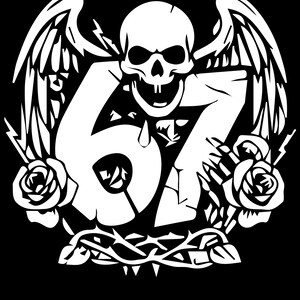 May include: A white graphic on a black background featuring a skull with wings, the number 67, roses, and lightning bolts. The skull has an open mouth and is surrounded by stylized wings. Roses and thorns are at the bottom.
