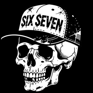 May include: A black and white graphic of a skull wearing a white baseball cap. The cap has the words "SIX SEVEN" in bold, dripping-style font. The skull is detailed with visible teeth and eye sockets, set against a solid black background.
