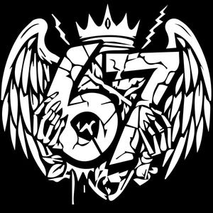 May include: White graphic design on a black background. The design features the number 57, wings, a crown, and lightning bolts. The number is stylized with a cracked effect, and skeletal hands are incorporated into the design.