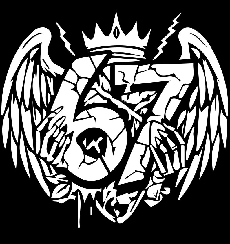 May include: White graphic design on a black background. The design features the number 57, wings, a crown, and lightning bolts. The number is stylized with a cracked effect, and skeletal hands are incorporated into the design.
