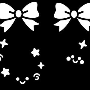 May include: White silhouette illustrations on a black background. The image features two bows at the top, with a series of stars, swirls, and smiling faces arranged in a circular pattern below the bows. The design is simple and graphic.